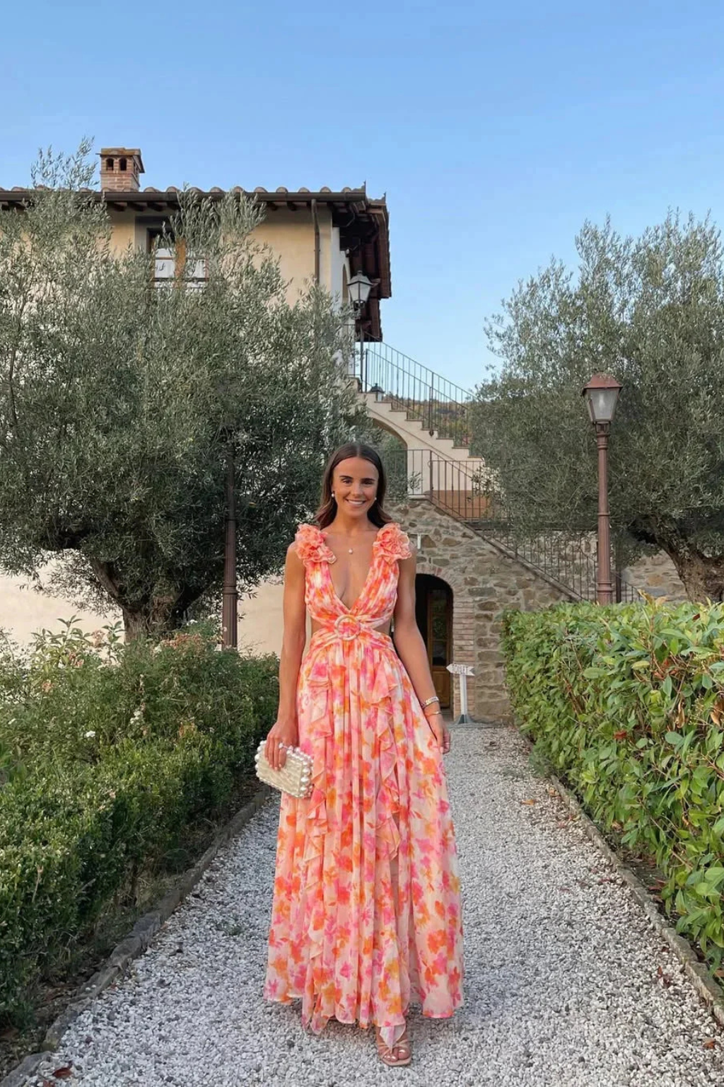 Women's orange floral ruffle v-neck maxi dress