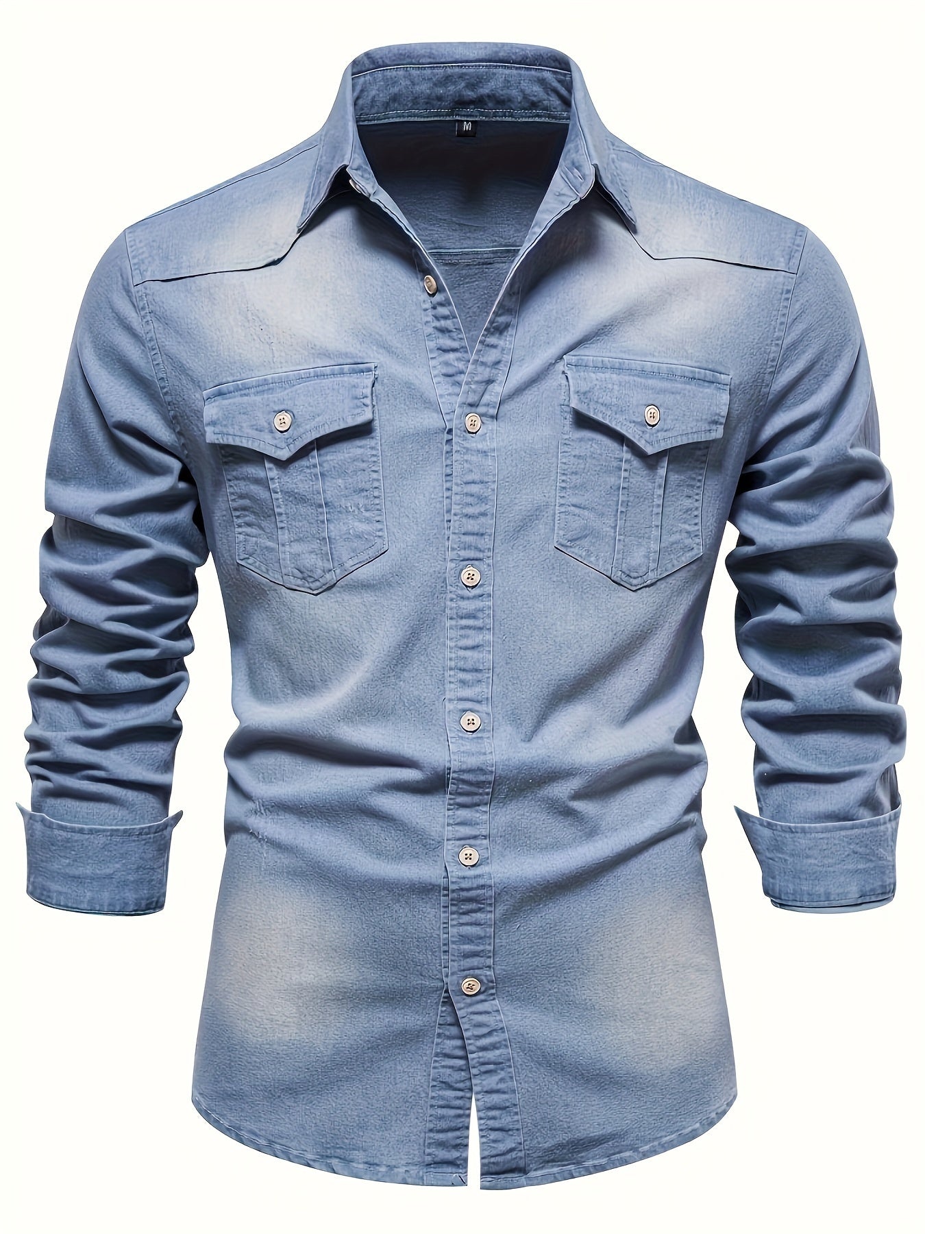 Men's light blue long-sleeve denim western shirt