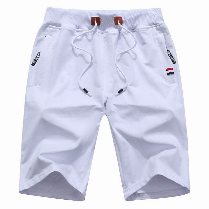 Men's white knee-length jersey shorts with zip pockets