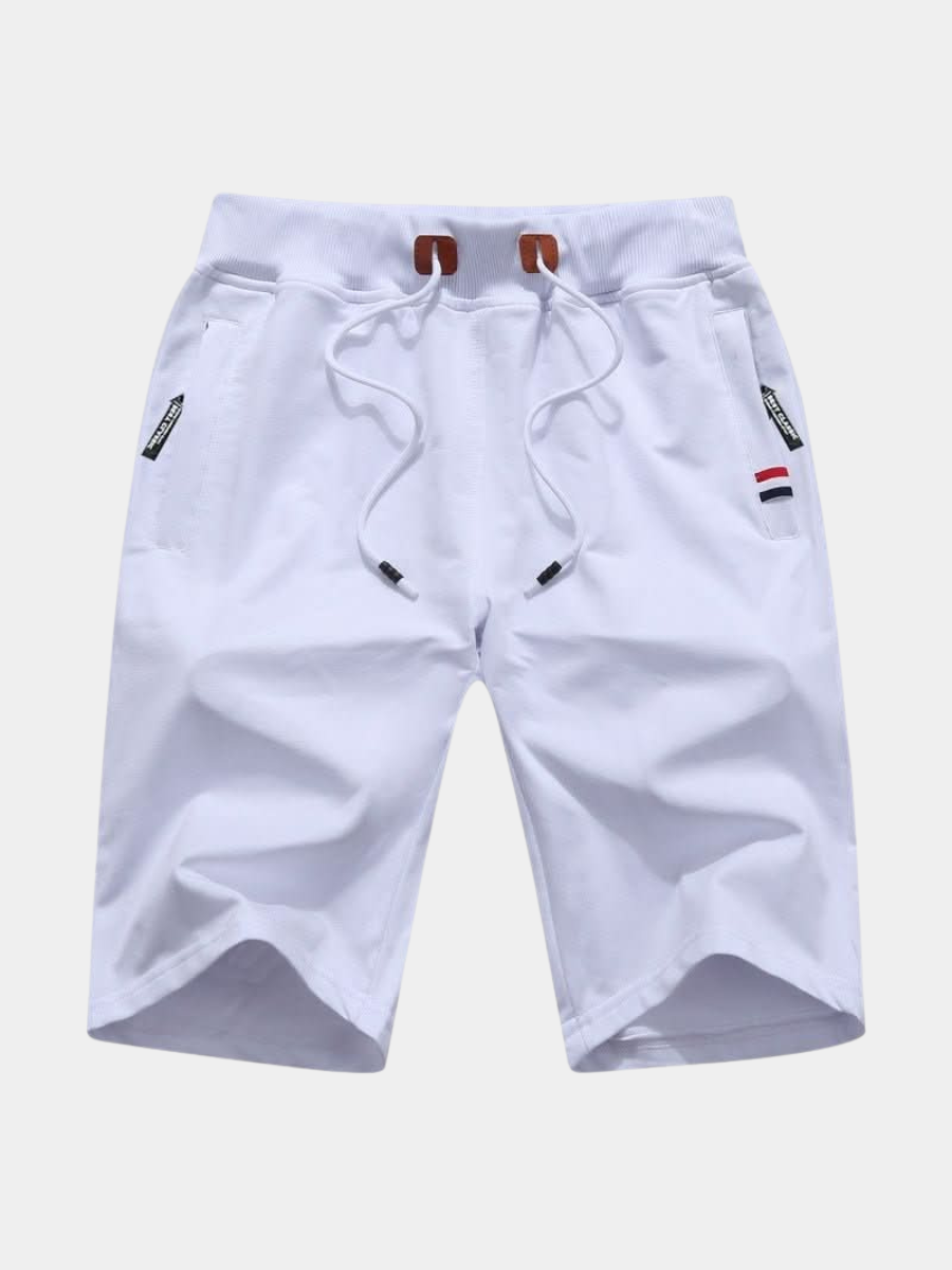 Men's white knee-length jersey shorts with zip pockets