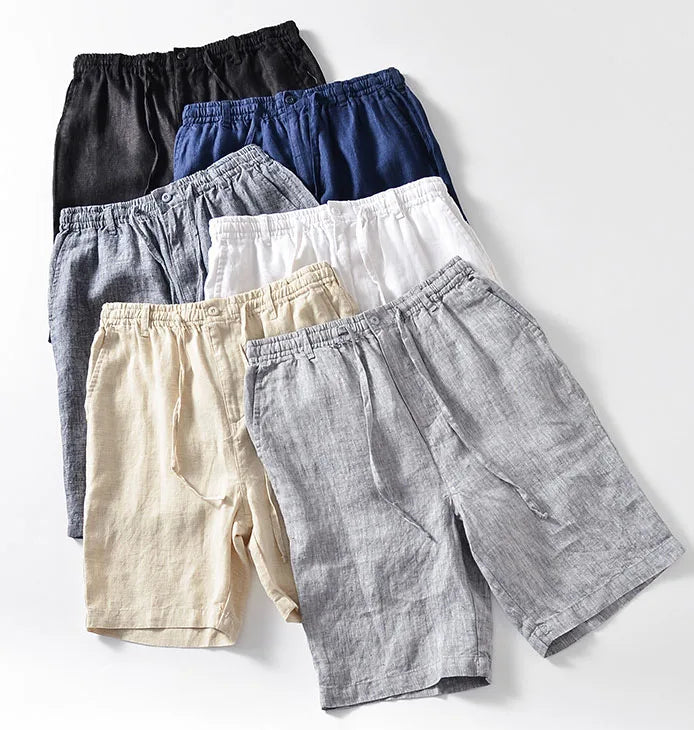 Men's beige linen-blend drawstring shorts