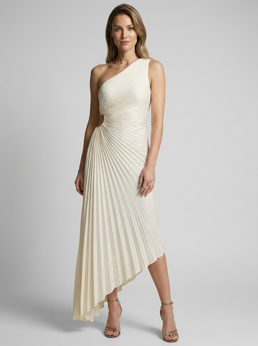 Women's white one-shoulder pleated maxi dress