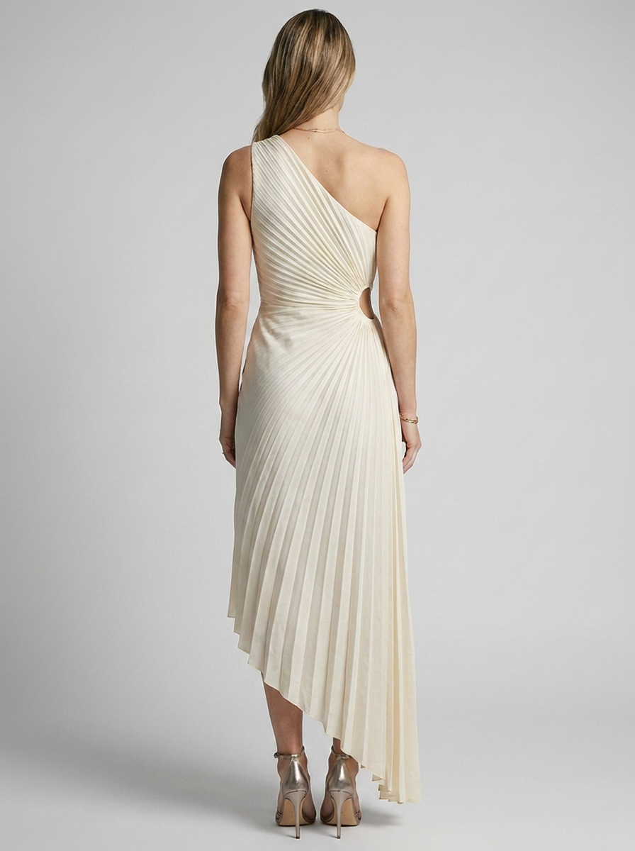 Women's white one-shoulder pleated maxi dress