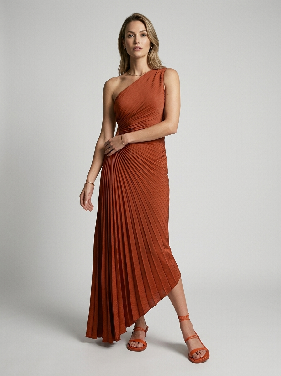 Women's white one-shoulder pleated maxi dress
