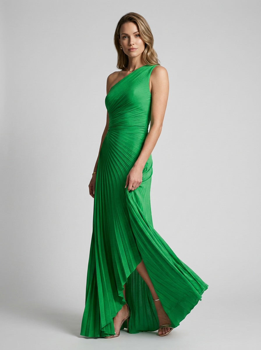 Women's black one-shoulder pleated maxi dress