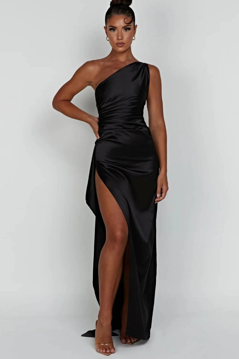 Women's black satin one shoulder maxi dress with a thigh split