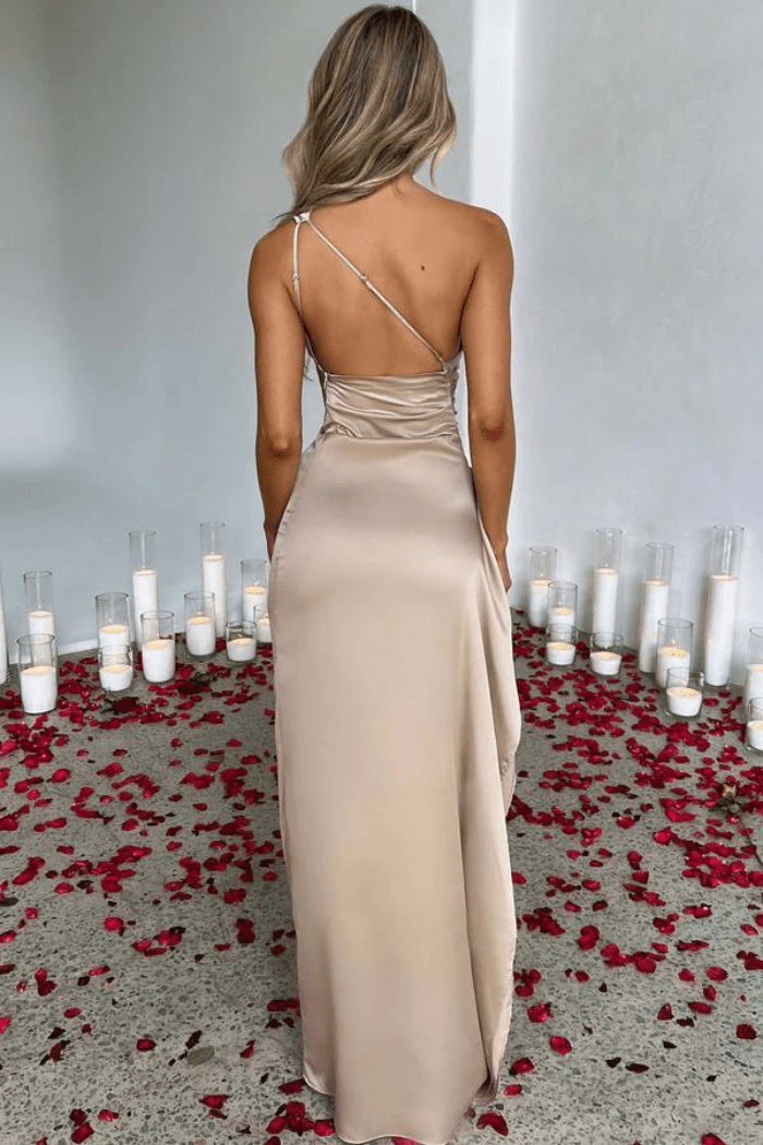 Women's black satin one shoulder maxi dress with a thigh split