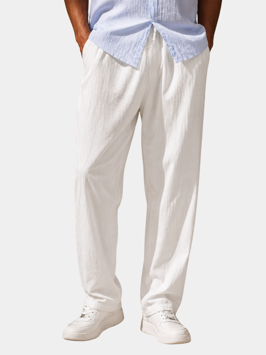 Men's white elasticated waist straight leg trousers