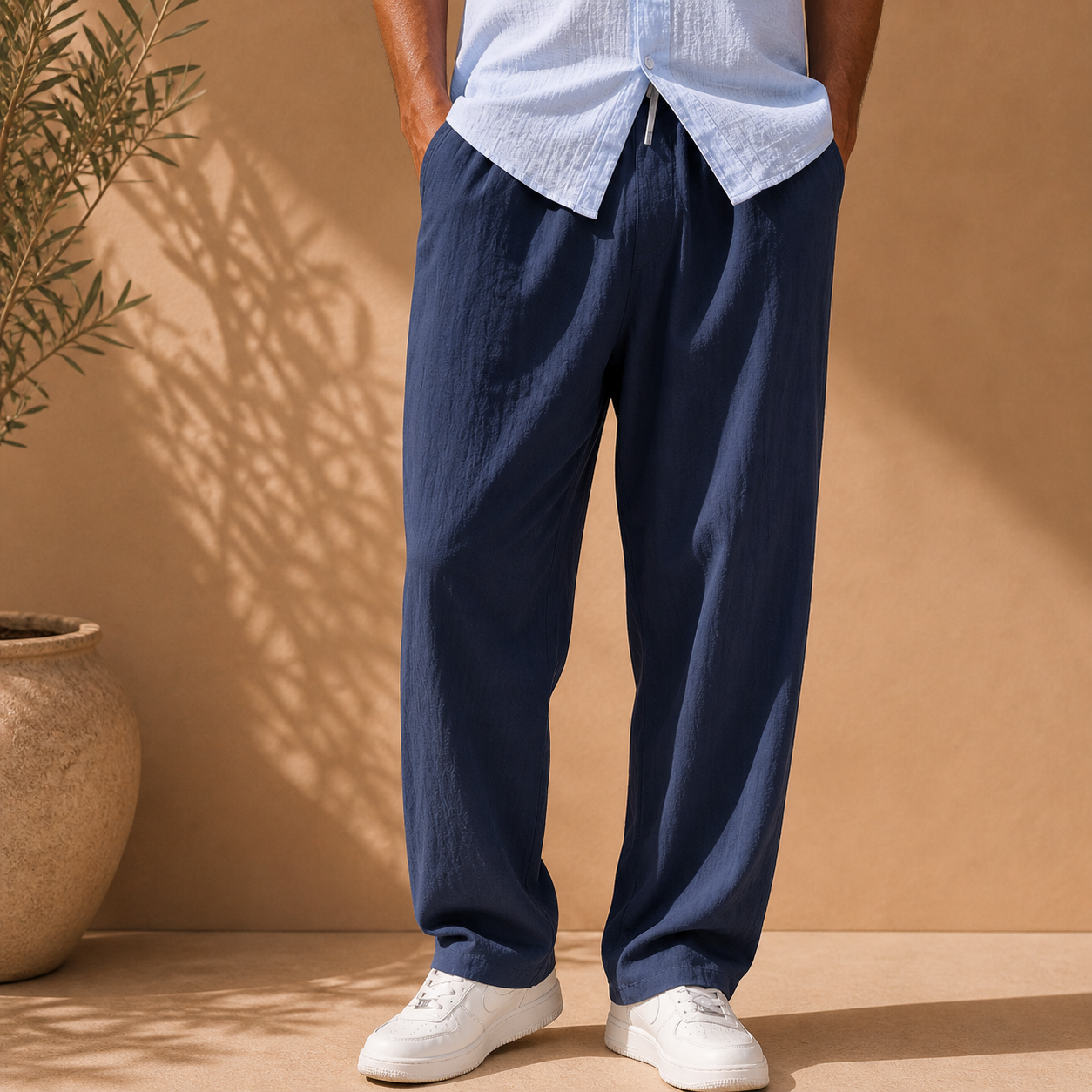Men's white elasticated waist straight leg trousers