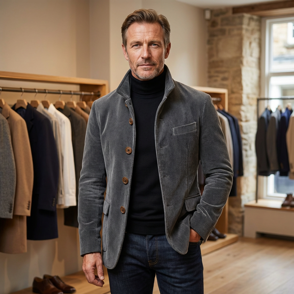 Men's grey structured tailored jacket with a classic menswear silhouette
