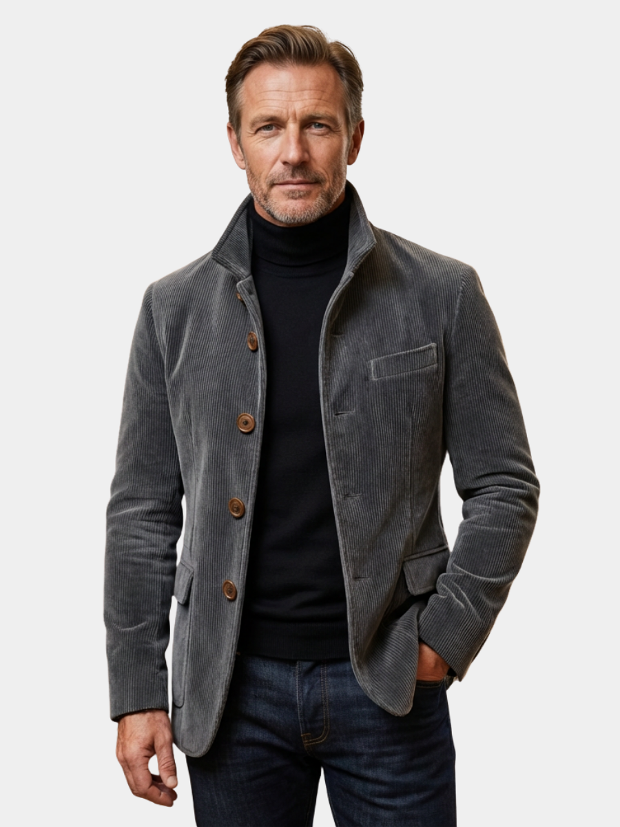 Men's grey structured tailored jacket with a classic menswear silhouette