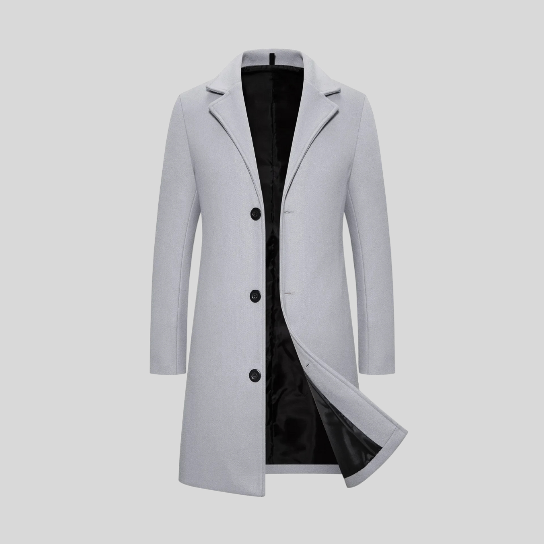 Light Grey Long-Line Overcoat worn open over dark trousers