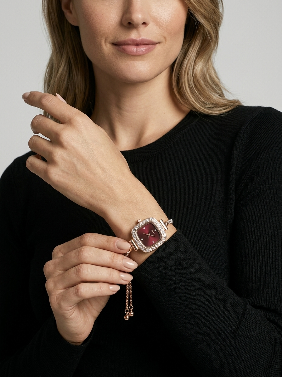 Crystal Watch with Square Dial and Chain Strap