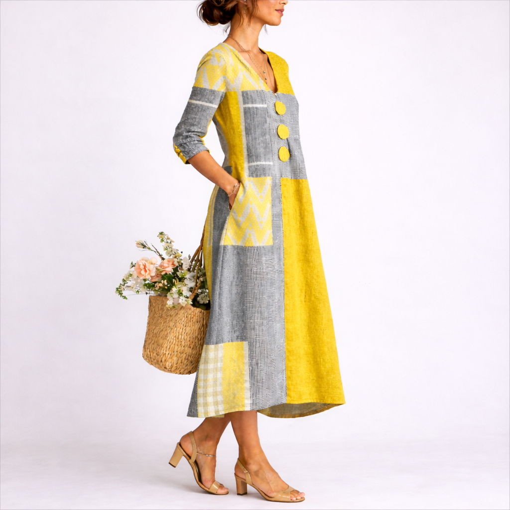 Women's yellow & gray linen blend wrap midi dress