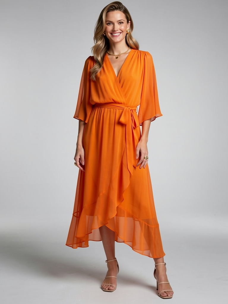 Wrap Midi Dress with Asymmetric Hem for Summer