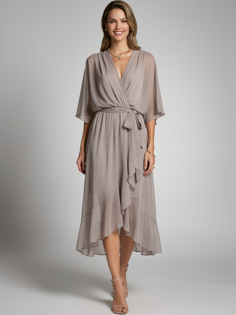 Wrap Midi Dress with Asymmetric Hem for Summer