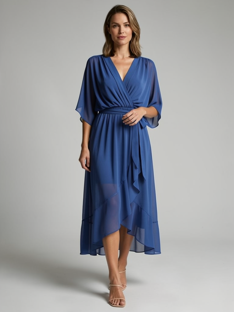 Wrap Midi Dress with Asymmetric Hem for Summer