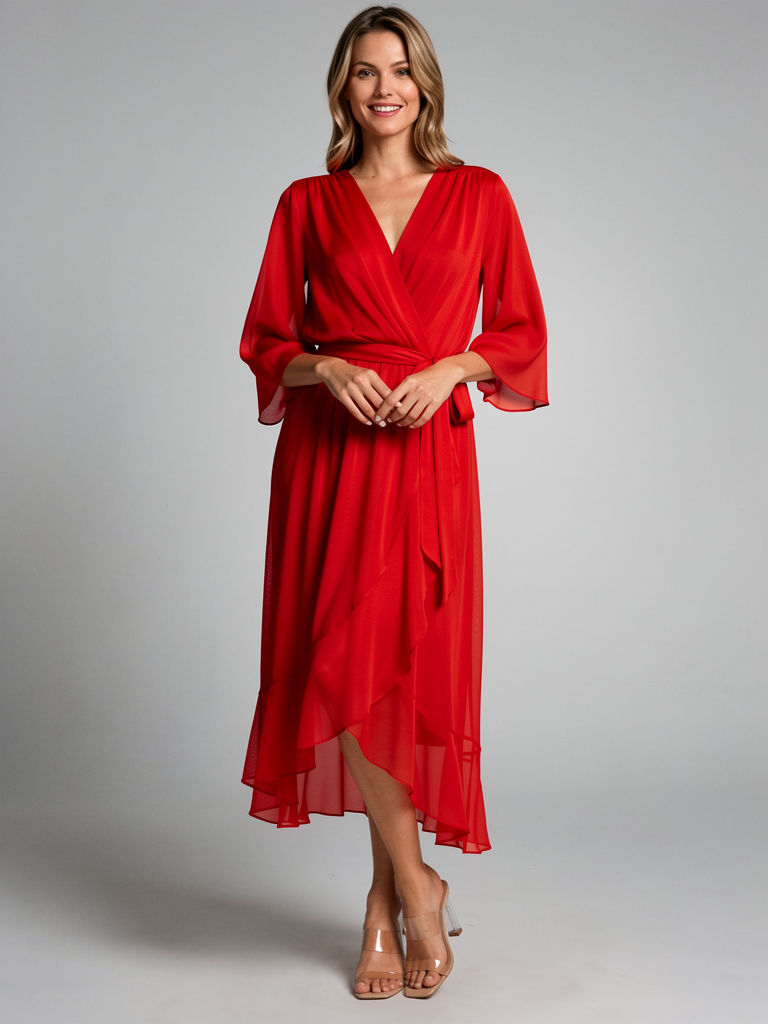 Wrap Midi Dress with Asymmetric Hem for Summer