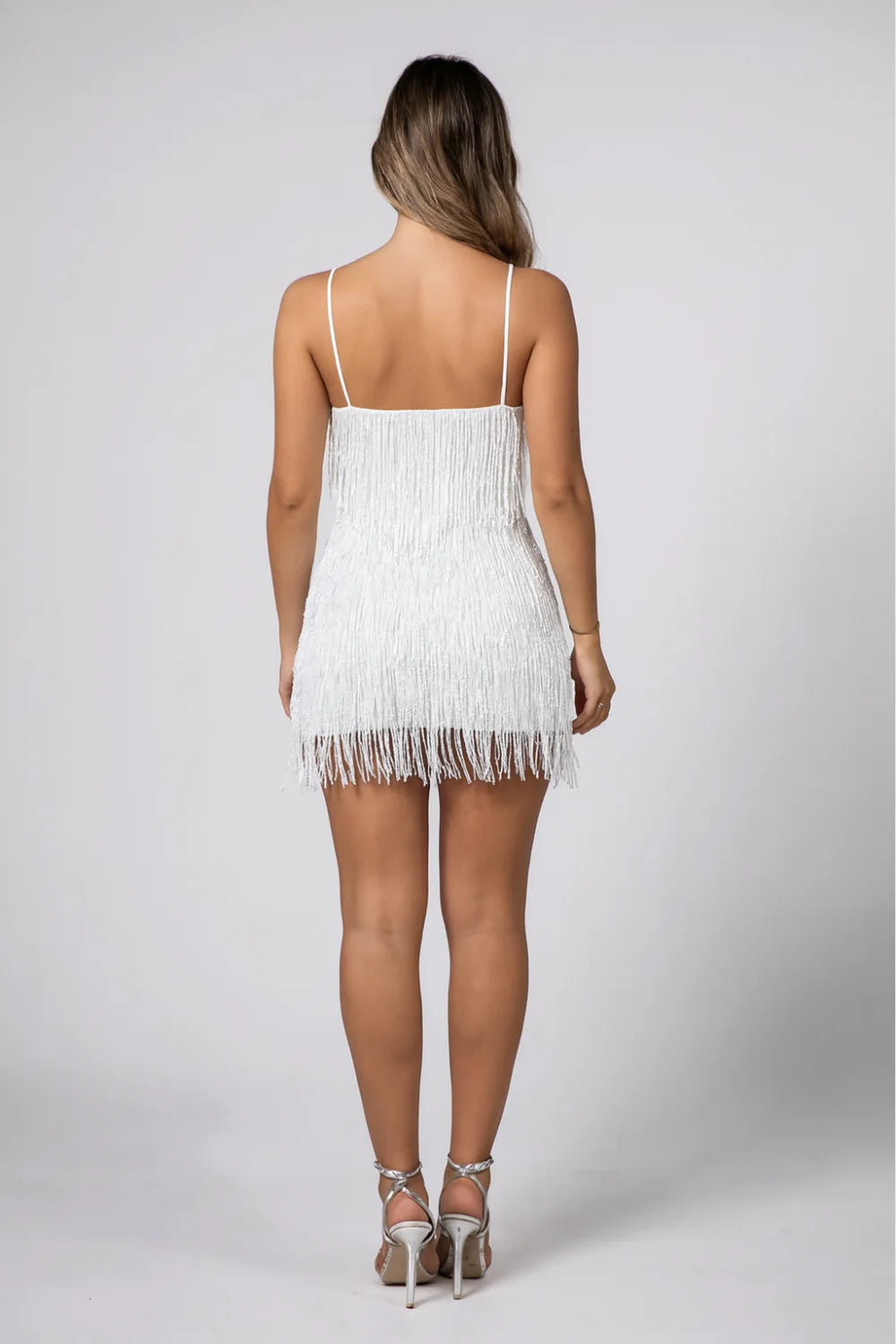 women's beaded maxi dress with spaghetti straps and a tiered hem