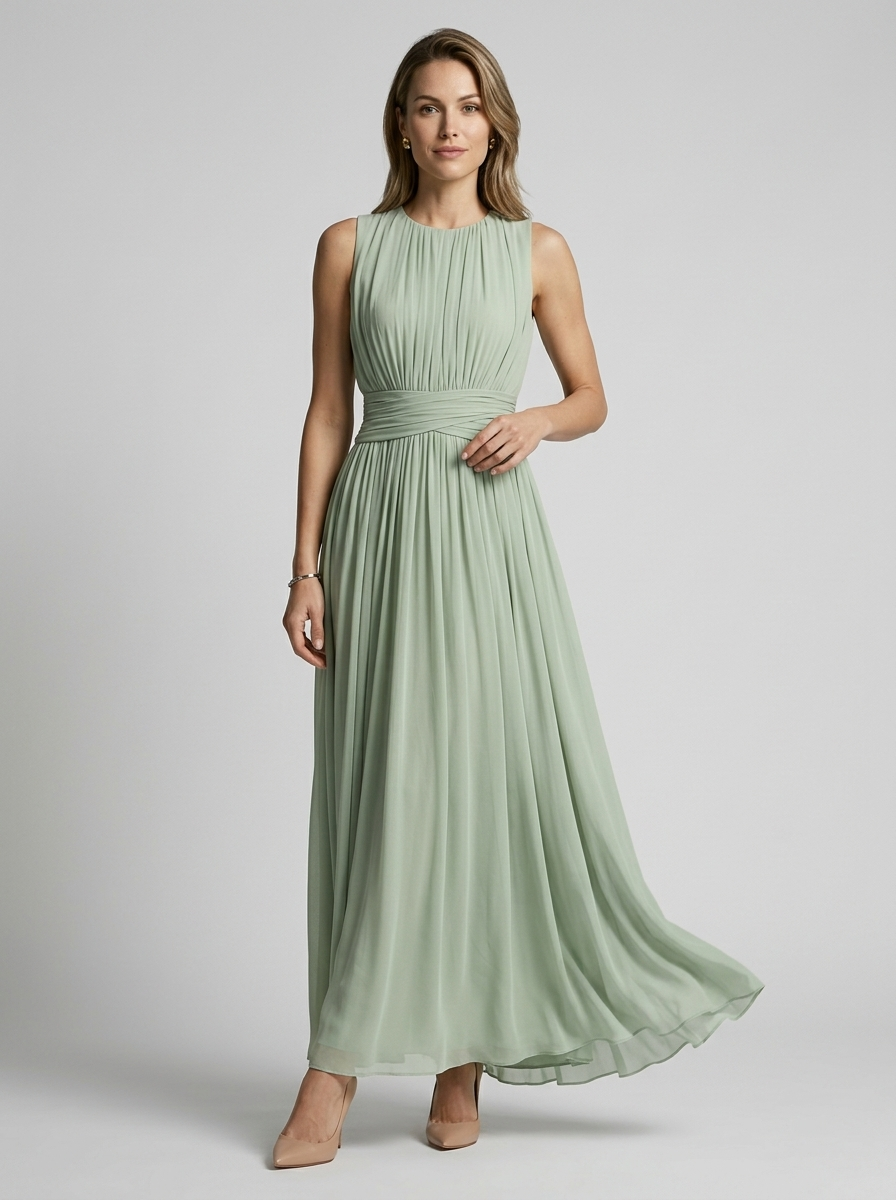 Women's light blue sleeveless wedding guest maxi dress with flowing skirt