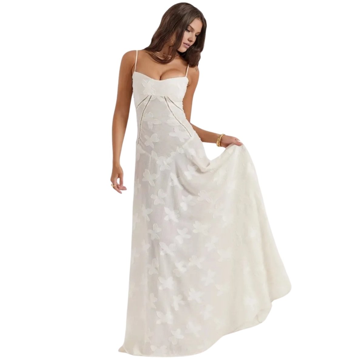 Women's white floral maxi dress with spaghetti straps