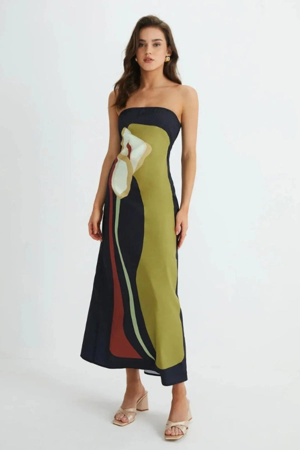 women's strapless floral maxi dress with an abstract print