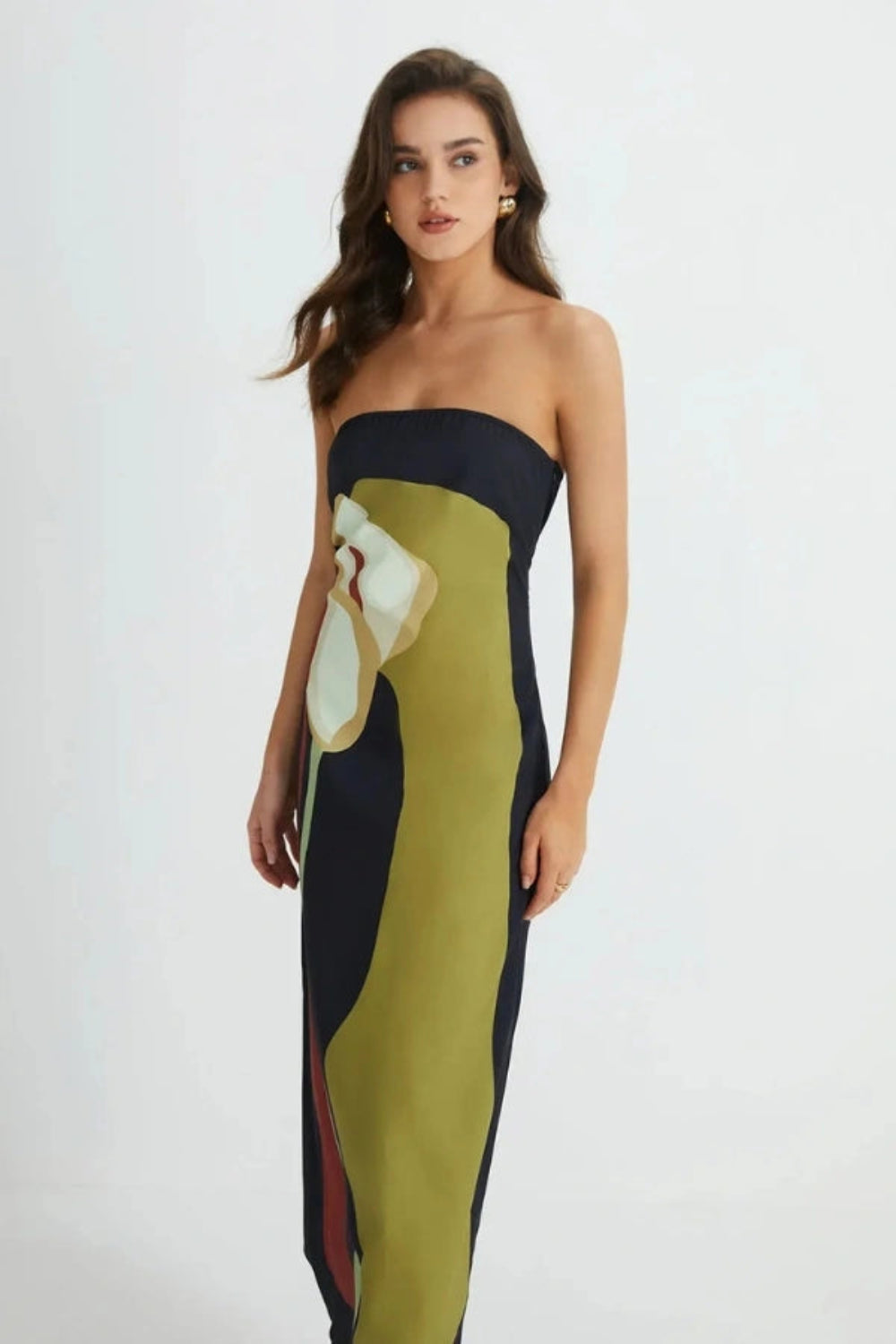 women's strapless floral maxi dress with an abstract print