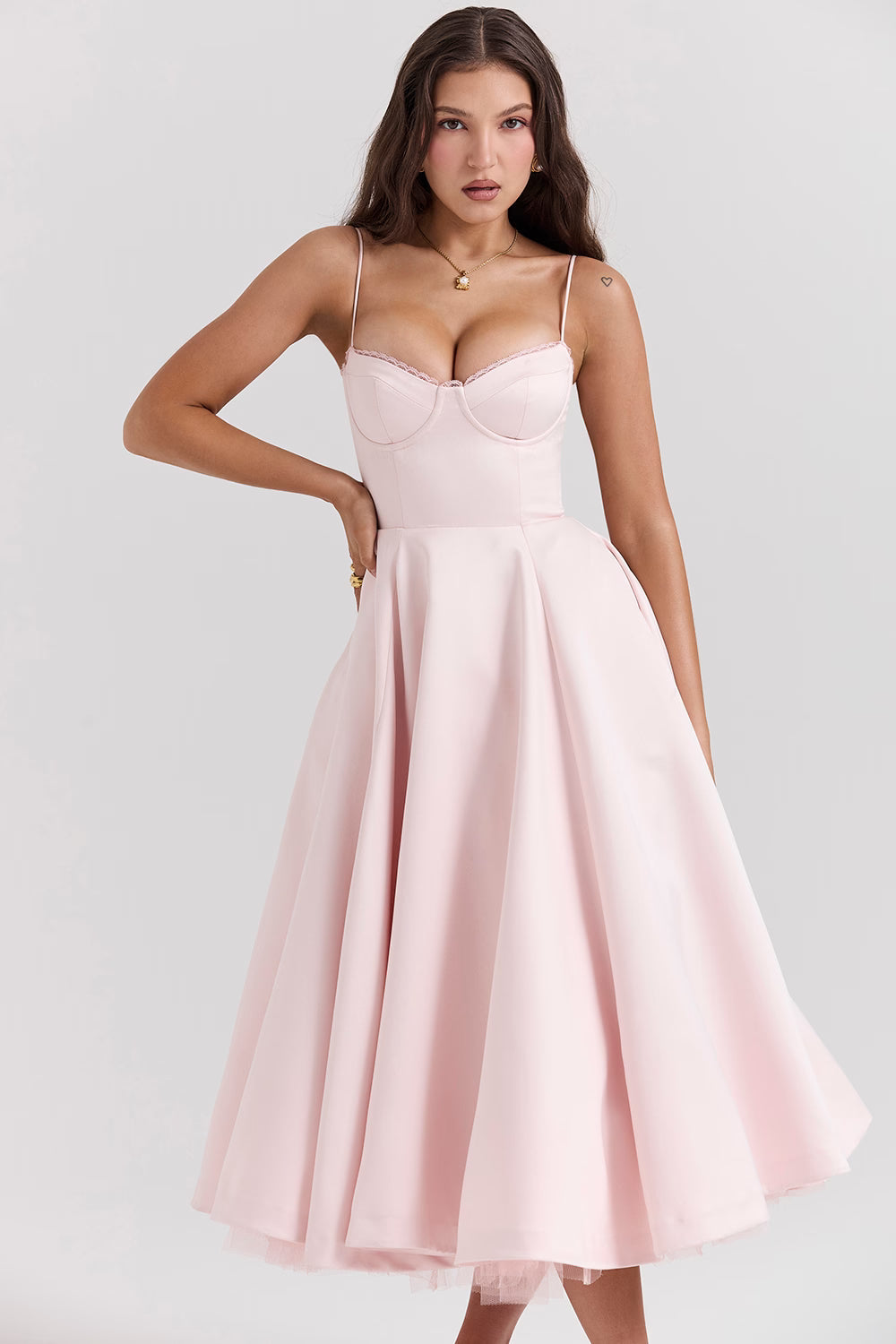 Women's pink satin midi dress with a tulle skirt and round neck