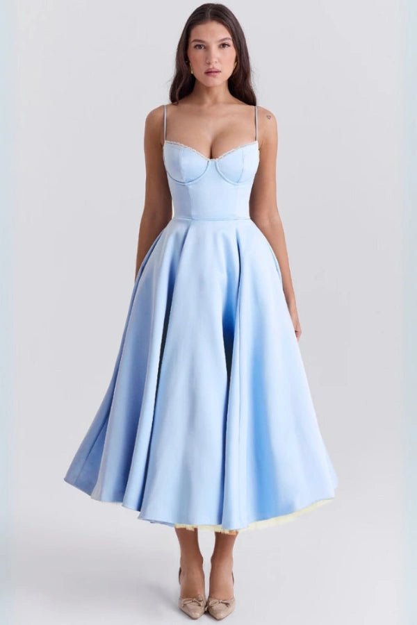 Women's white satin midi dress with a tulle skirt and round neck