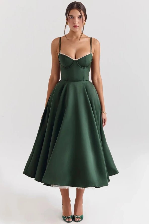 Women's white satin midi dress with a tulle skirt and round neck
