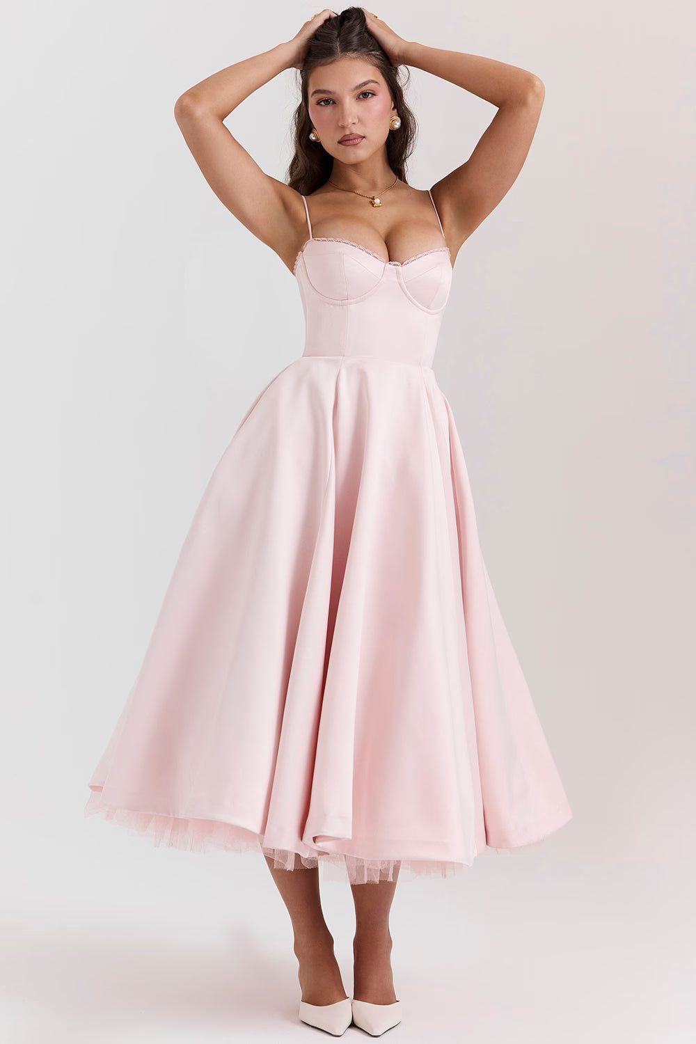 Women's pink satin midi dress with a tulle skirt and round neck