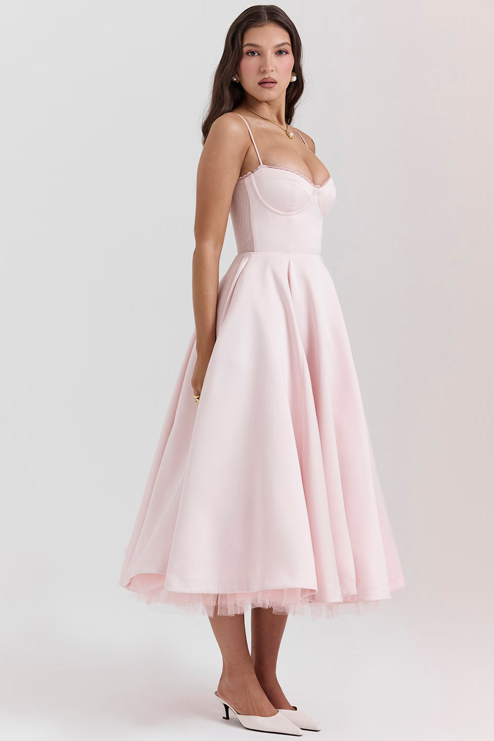 Women's pink satin midi dress with a tulle skirt and round neck