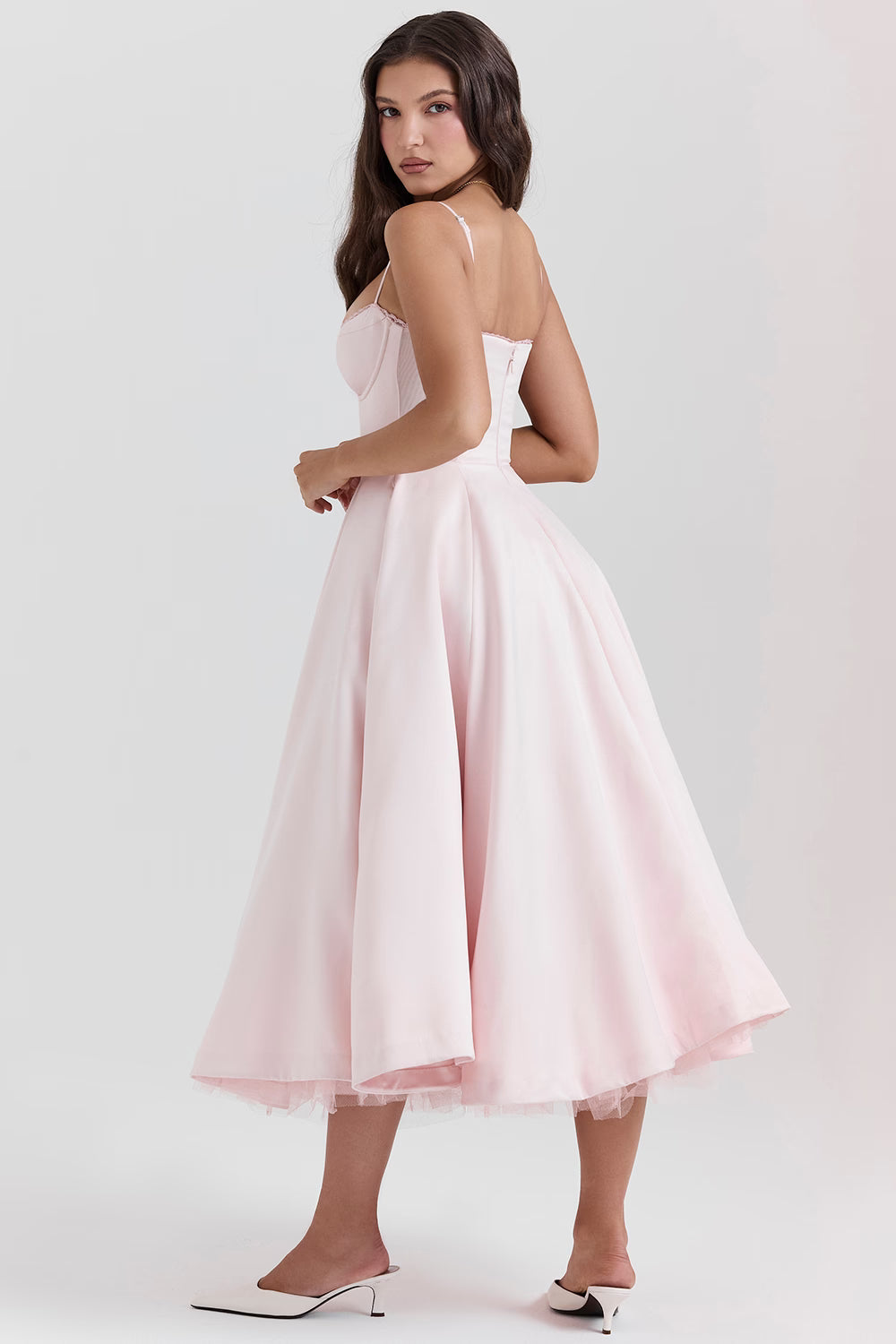 Women's black satin midi dress with a tulle skirt and round neck