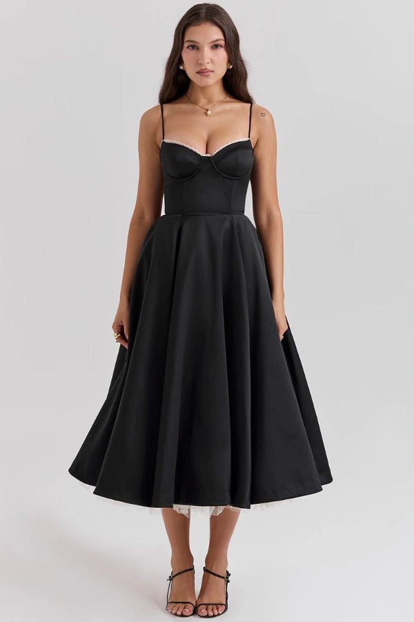 Women's black satin midi dress with a tulle skirt and round neck