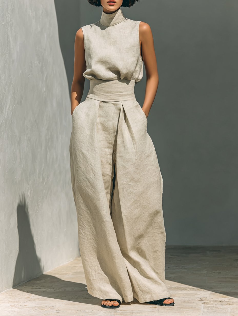 Women's khaki cotton linen co-ord set with high neck top and wide trousers