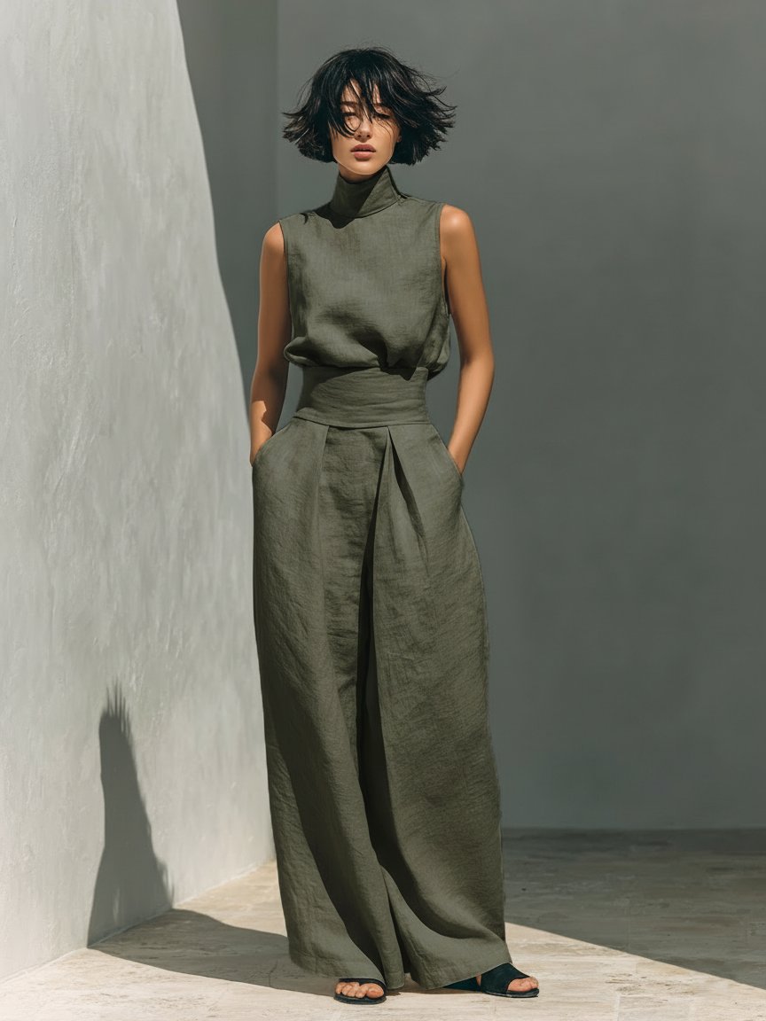 Women's khaki cotton linen co-ord set with high neck top and wide trousers
