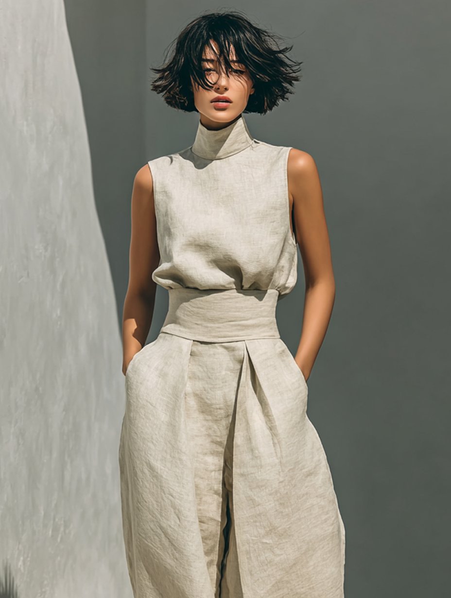 Women's army green cotton linen co-ord set with high neck top and wide trousers
