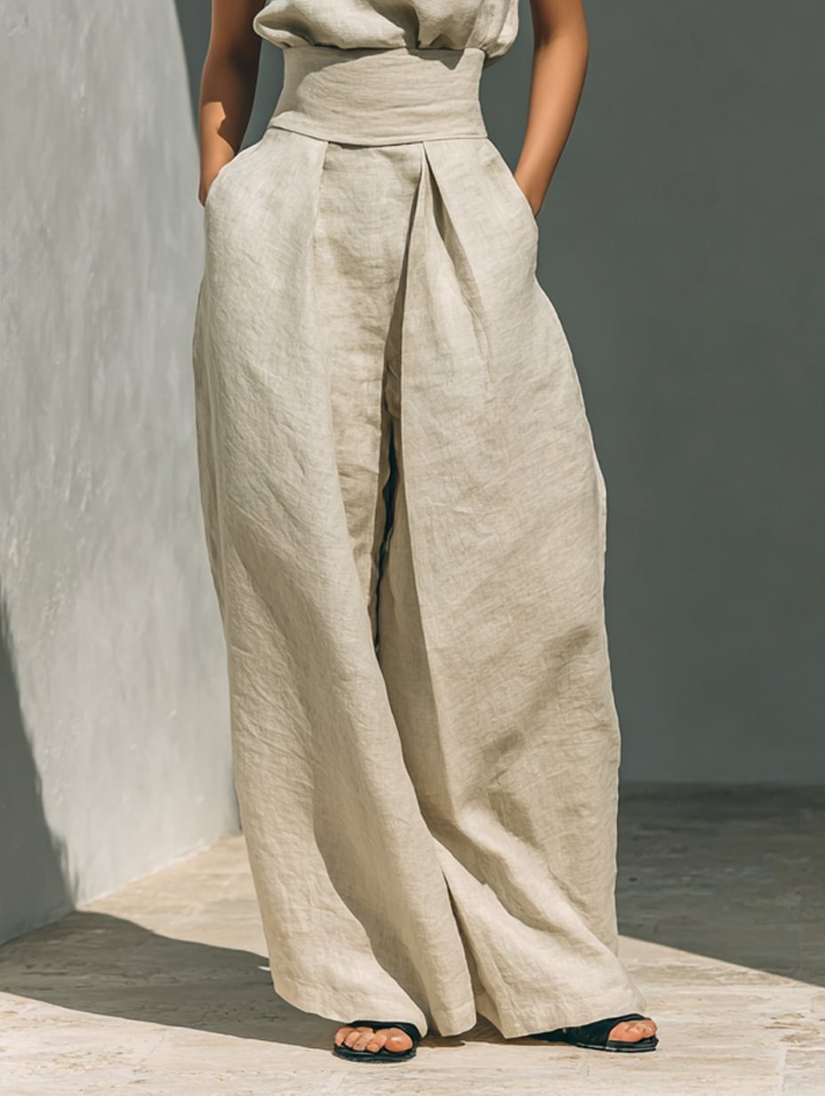 Women's army green cotton linen co-ord set with high neck top and wide trousers