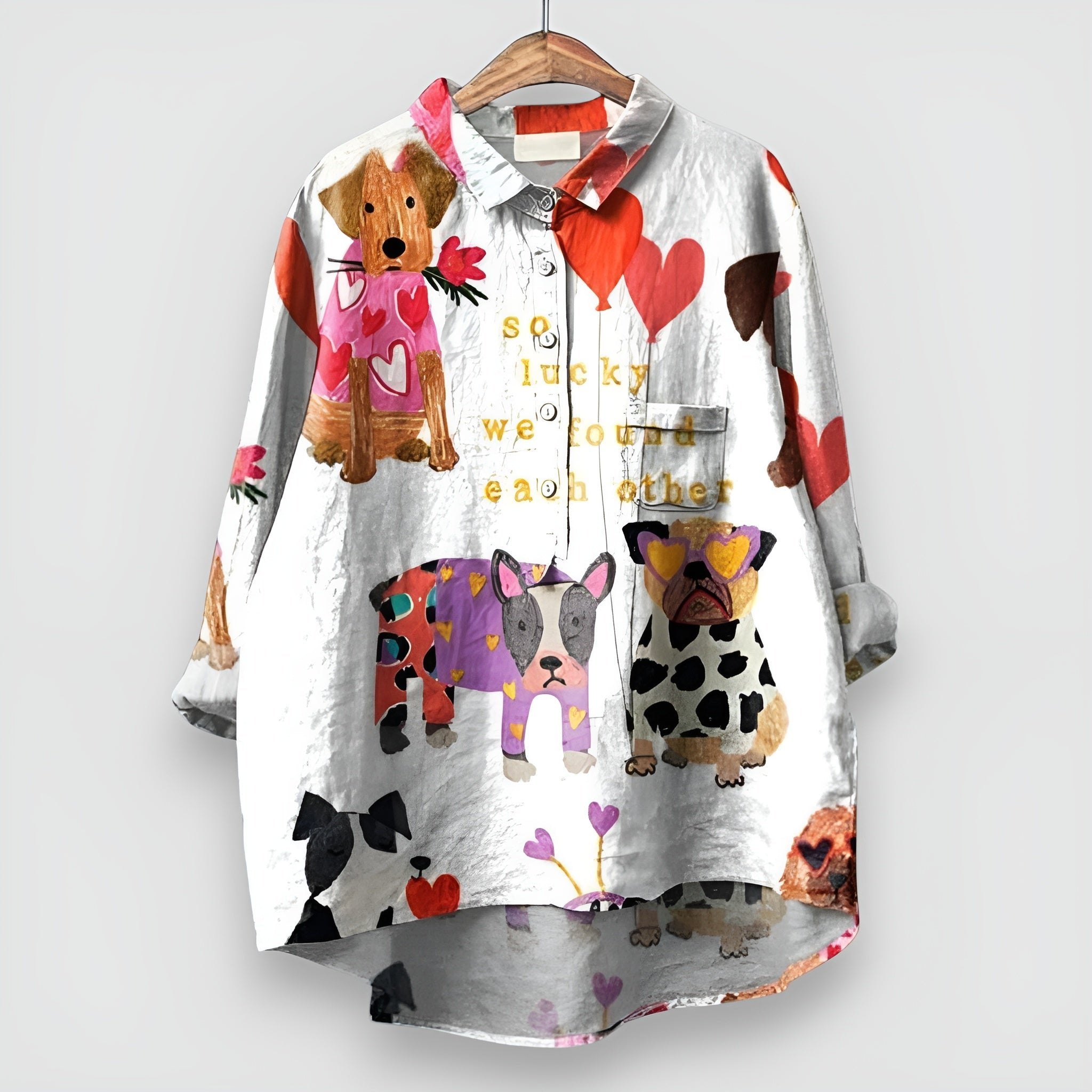 Women's white dog print shirt with long sleeves and button front