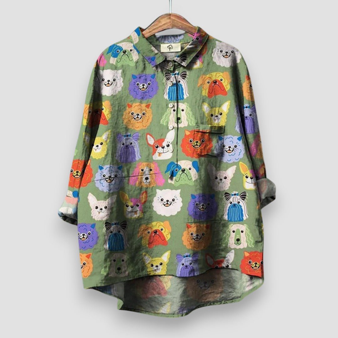 Women's white dog print shirt with long sleeves and button front
