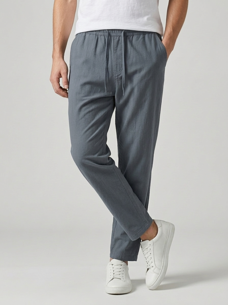 Men's light brown relaxed-fit linen trousers with drawstring