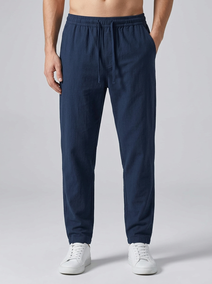 Men's light brown relaxed-fit linen trousers with drawstring