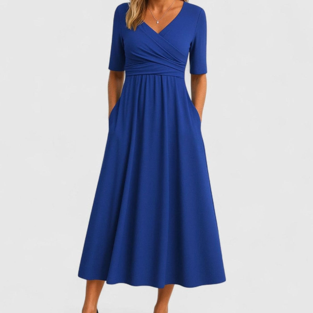Emily | Women's V-Neck Empire-Waist Flared Midi Dress Pockets 2