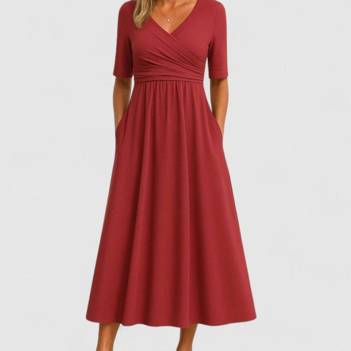 Emily | Women's V-Neck Empire-Waist Flared Midi Dress Pockets 5