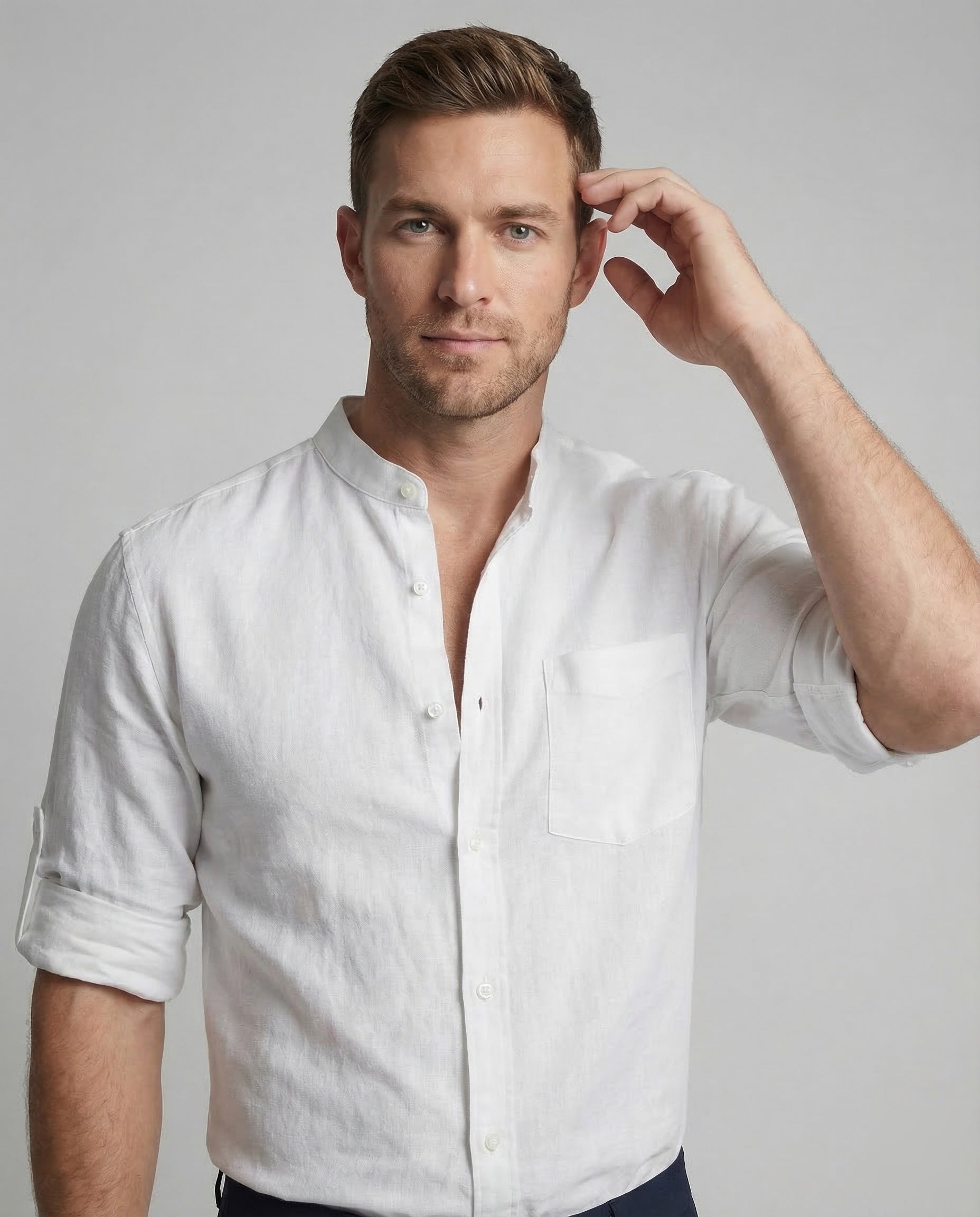Ethan | Mens White Linen Shirt Stand-Up Collar 2