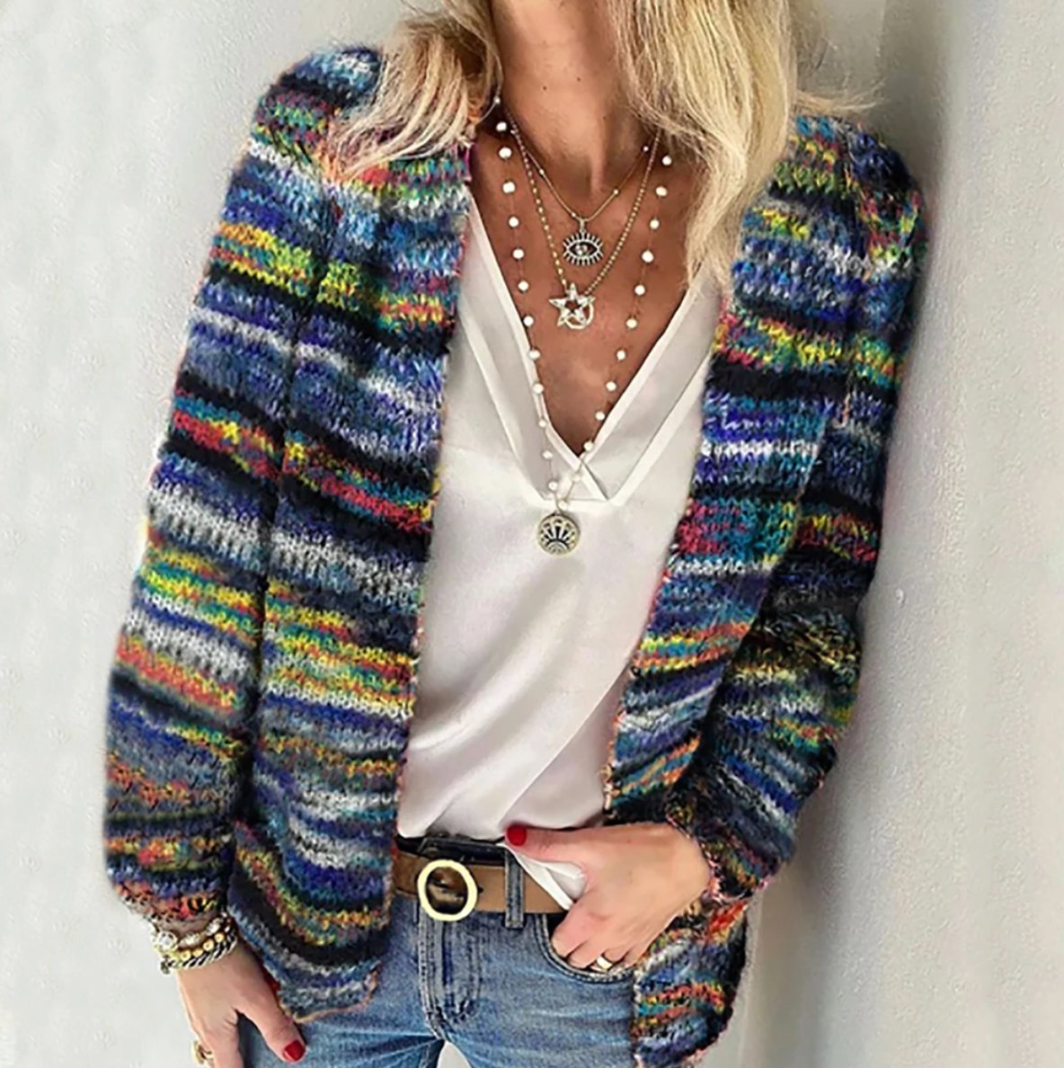 Women's red multicolour striped open-front knitted cardigan