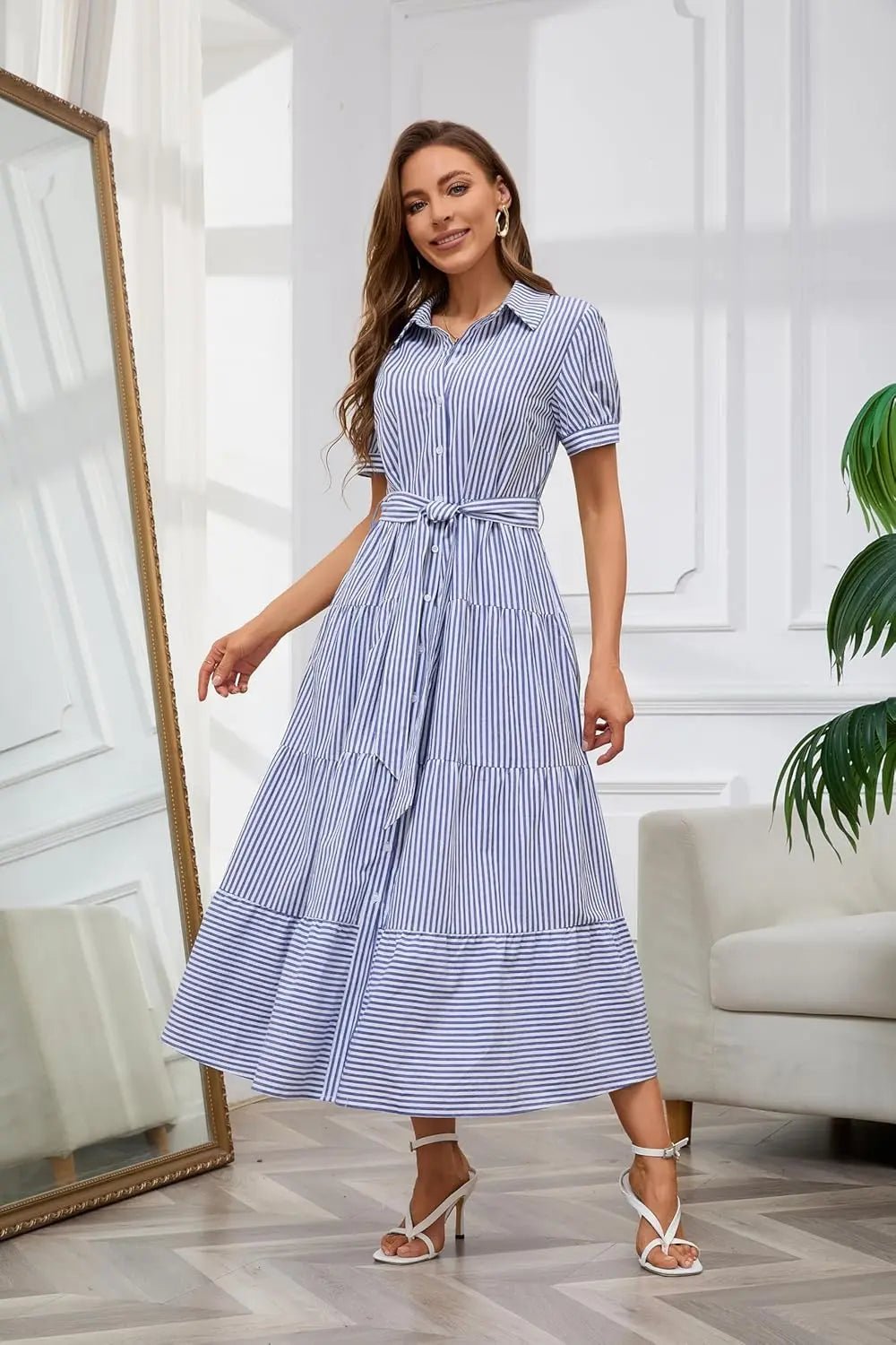 Women's blue striped maxi dress with tiered hem and tie waist