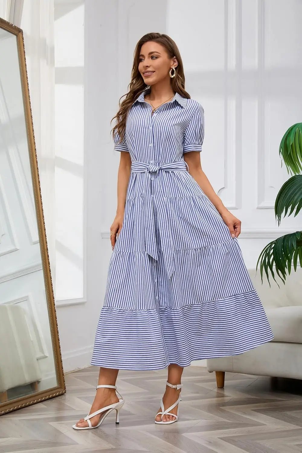 Women's red striped maxi dress with tiered hem and tie waist