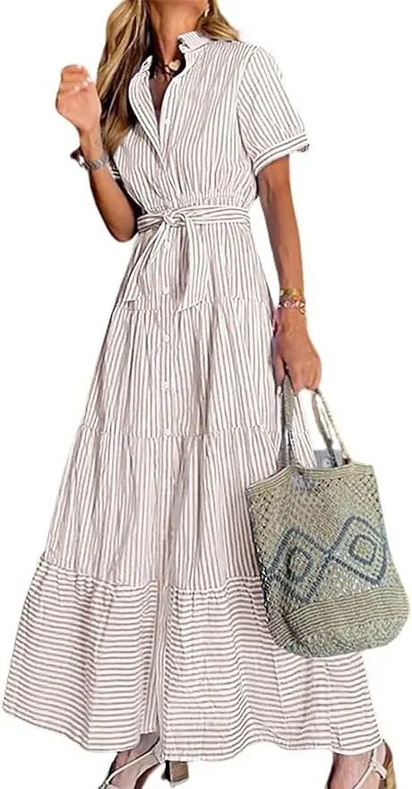 Women's red striped maxi dress with tiered hem and tie waist