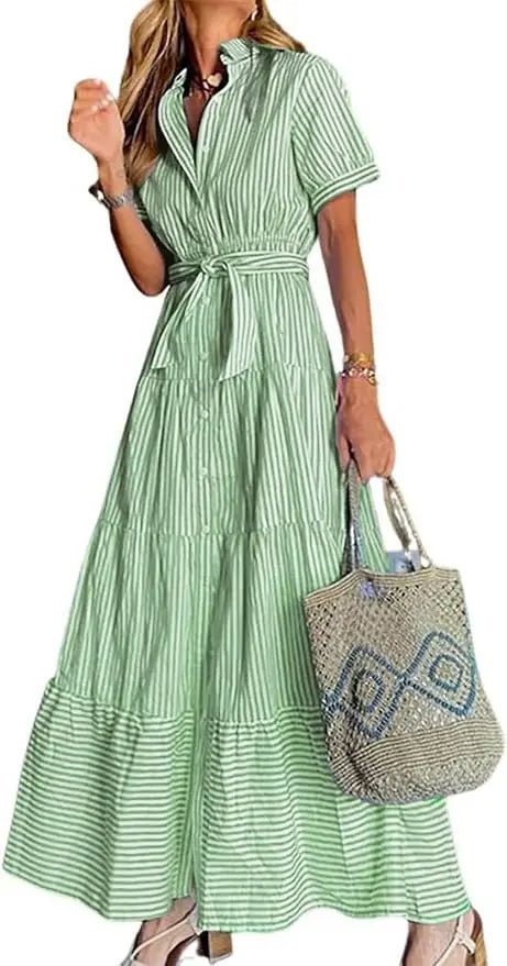 Women's red striped maxi dress with tiered hem and tie waist